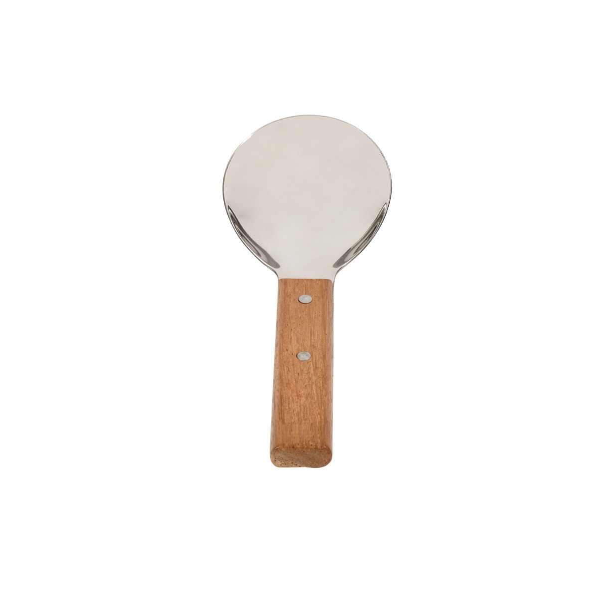 Town 22810 stainless steel rice paddle with rounded bowl and wooden handle secured by brass rivets