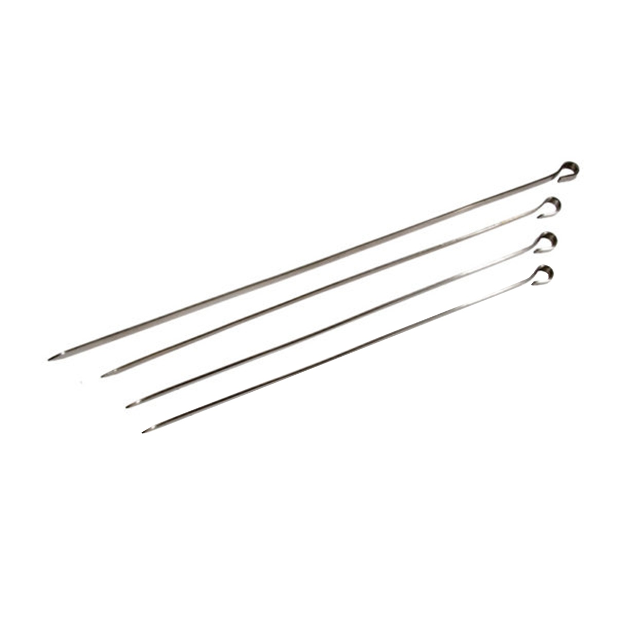 Four flat stainless steel kabob skewers laid diagonally showing pointed tips and ring ends