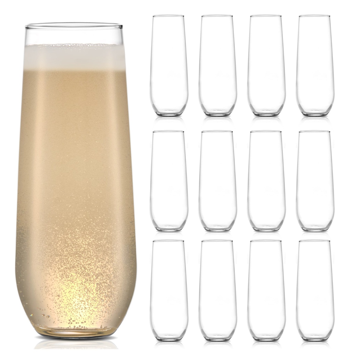 Libbey No. 228 stemless champagne flute glass filled with sparkling champagne alongside a set of 12 empty clear flute glasses on white background