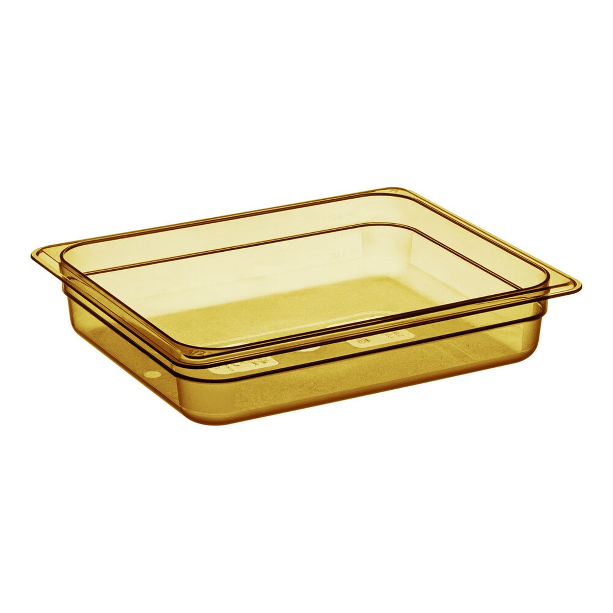 Cambro 22HP150 amber high heat 1/2 size plastic food pan, 2-1/2 inch deep, shown on white background