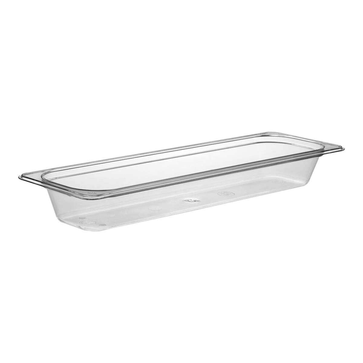 Cambro 22LPCW135 clear polycarbonate 1/2 size long food pan, 2-1/2 inch deep, angled view on white background