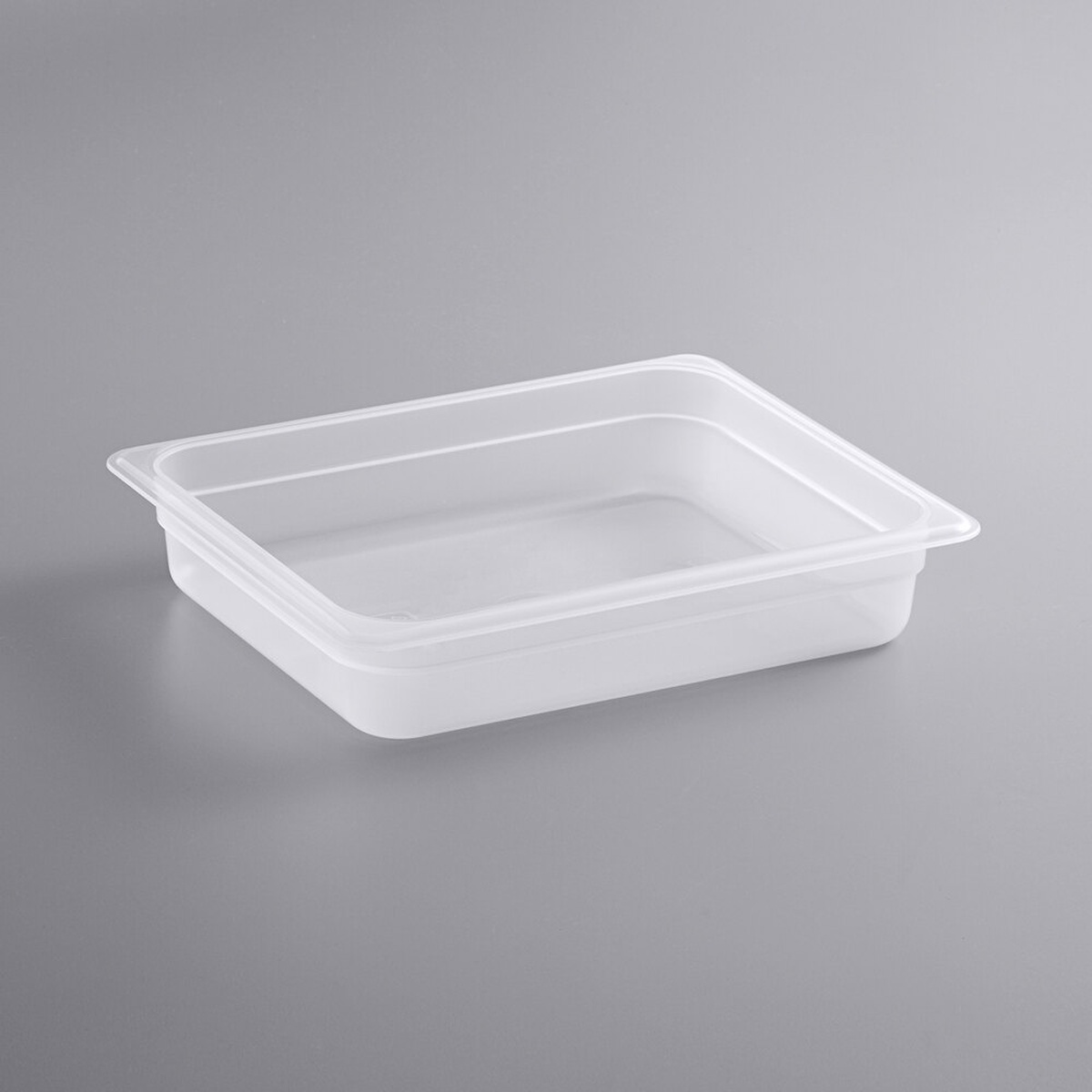 Cambro 22PP190 1/2 size translucent polypropylene food pan, 2 1/2 inch deep, shown from a three-quarter angle on a gray background