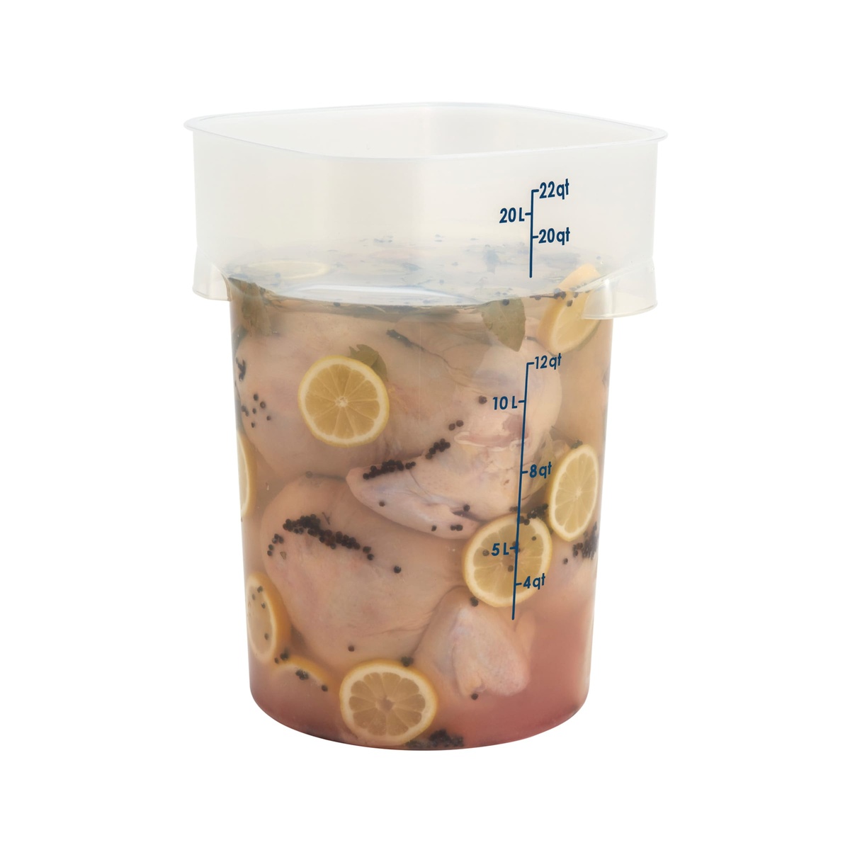 Cambro 22 qt translucent round container holding marinated chicken with lemon slices, showing contents visible through clear walls