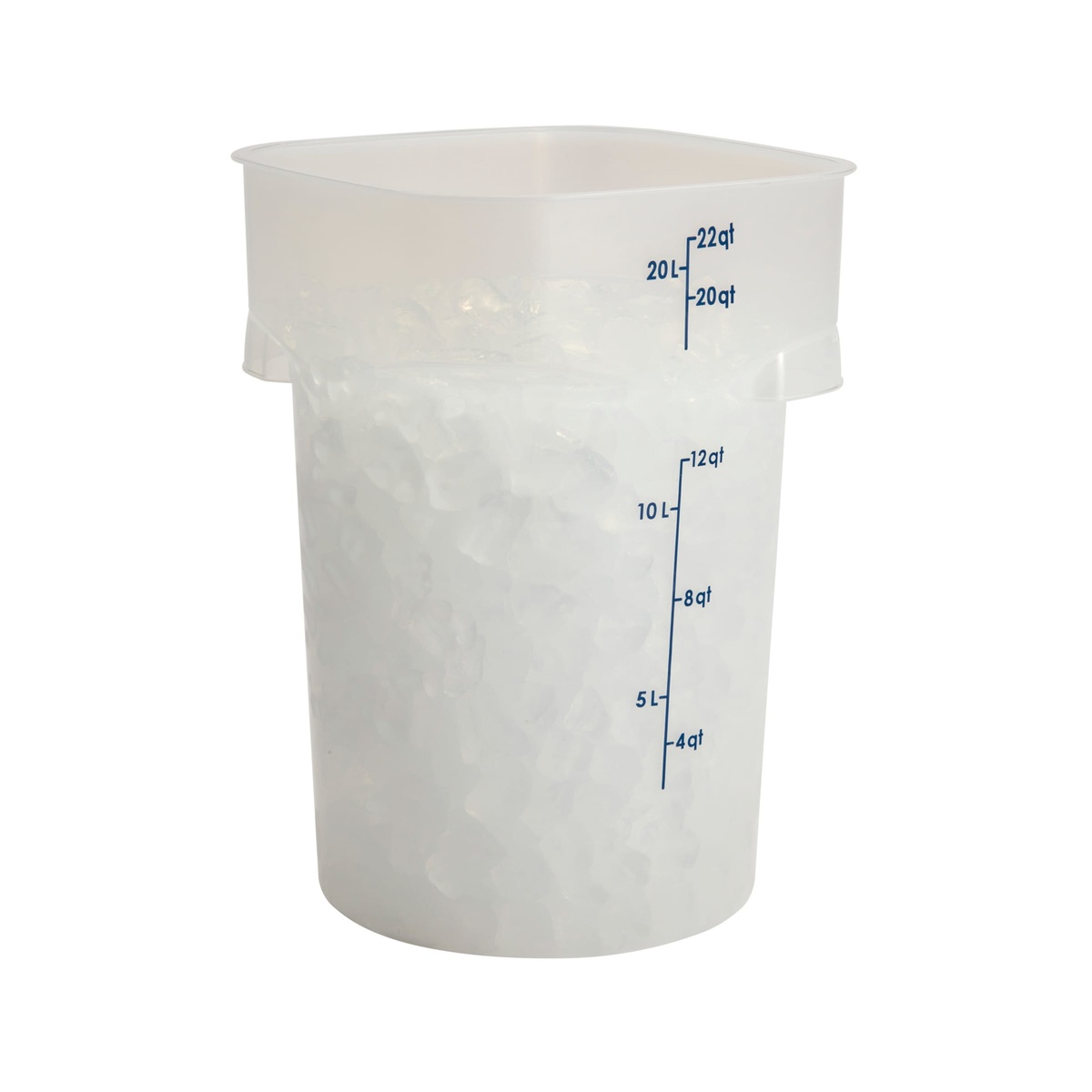 Cambro 22 qt round translucent container filled with ice, showing blue graduation markings through the clear walls