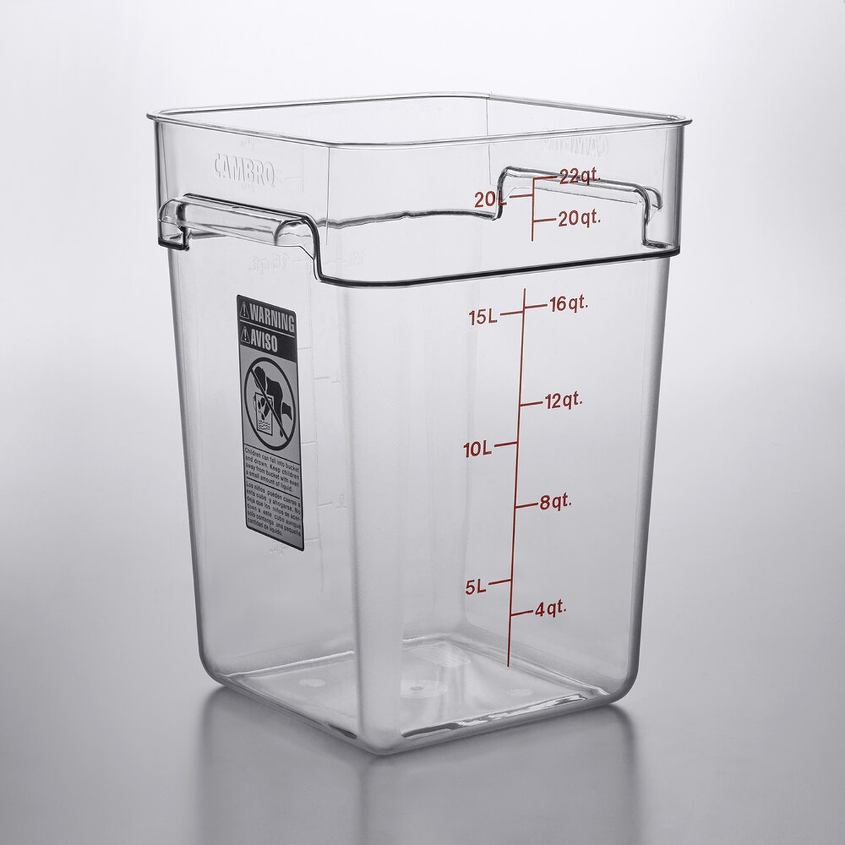 Cambro 22SFSCW135 clear square polycarbonate food storage container with red winter rose measurement graduations and molded side handles