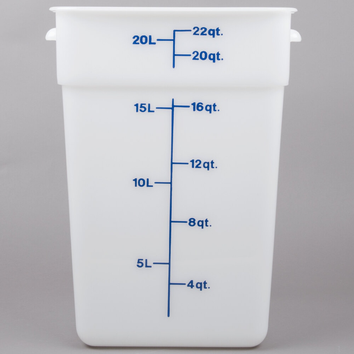 Cambro 22SFSP148 white square food storage container with blue measurement graduations on exterior