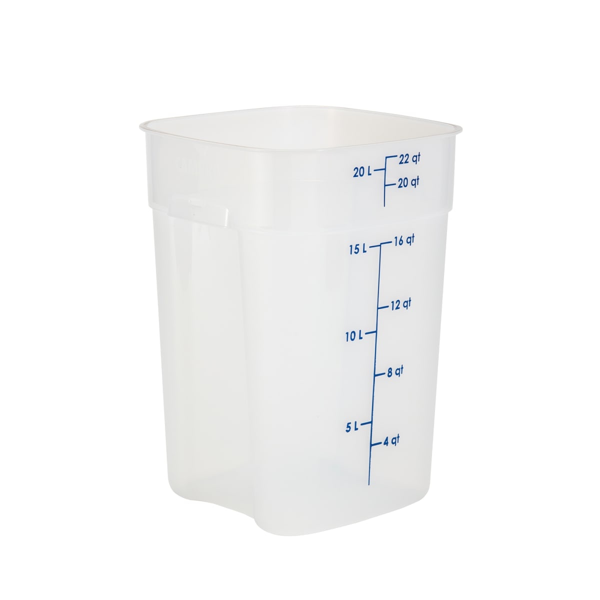 Cambro CamSquare FreshPro 22-quart translucent polypropylene container with blue graduation markings on white background
