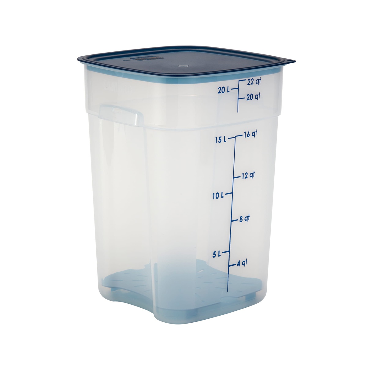 Cambro 22-quart FreshPro square container fitted with a blue lid, empty, shown on white background
