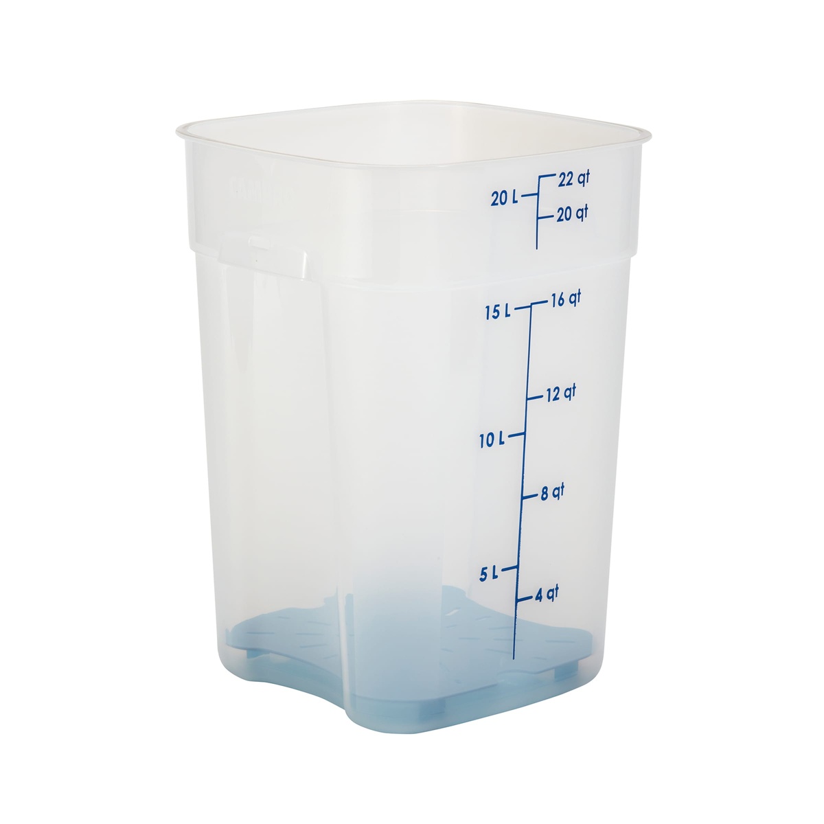 Cambro 22-quart translucent FreshPro container showing curved base corners and blue graduation markings in quarts and liters