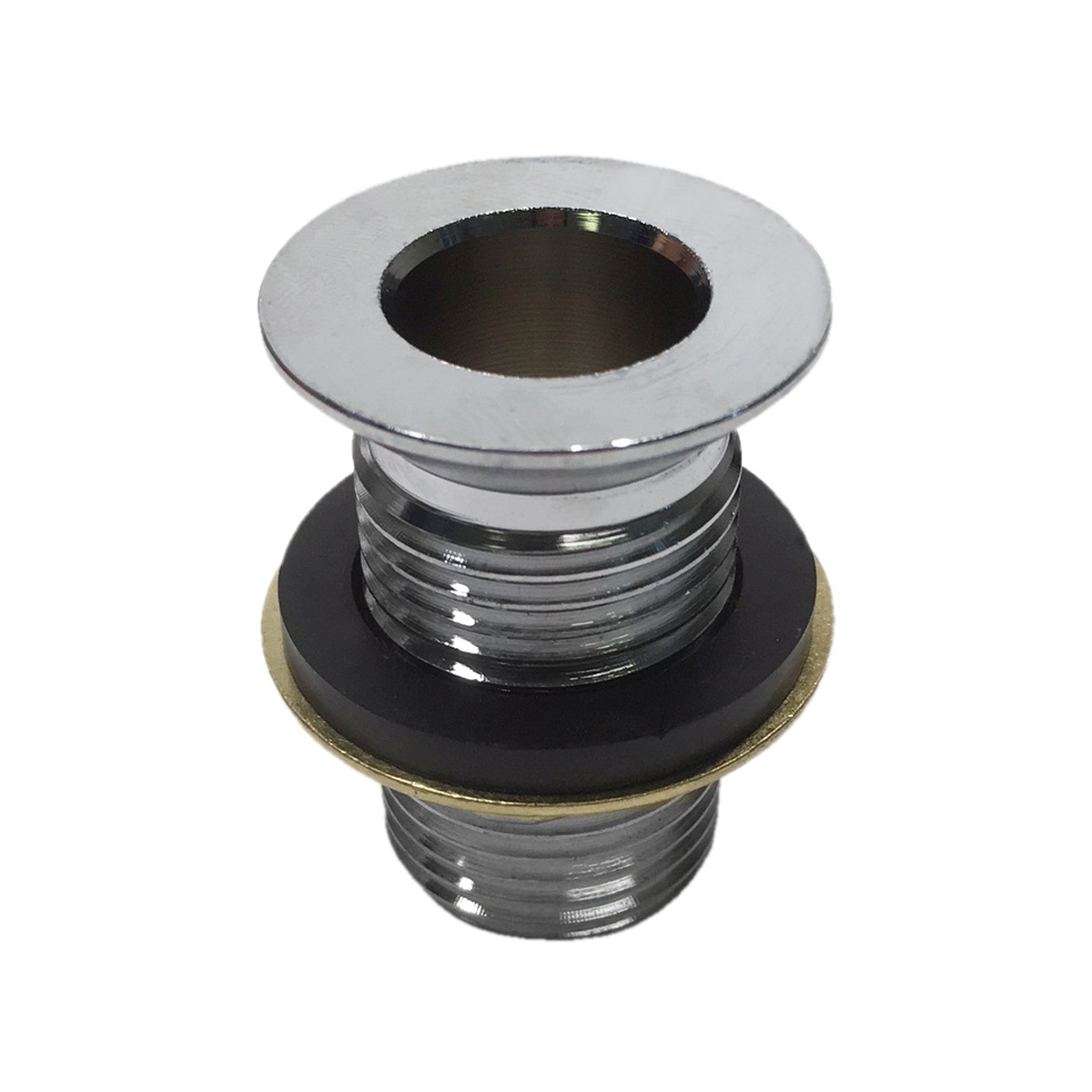Krowne 23-110 1/2 inch nickel plated brass drain with flange, washer, and threaded body on white background
