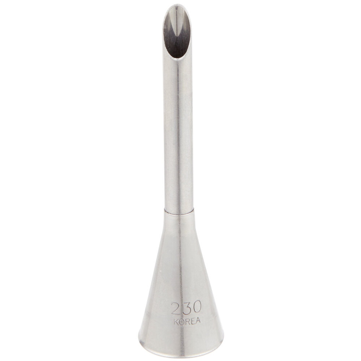 Ateco 230 small bismark stainless steel piping tip with long narrow tube and flared base, model number 230 Korea engraved
