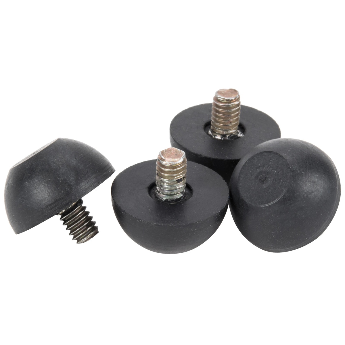 Four Vollrath 2319 black rubber bumper feet with threaded metal screw stems
