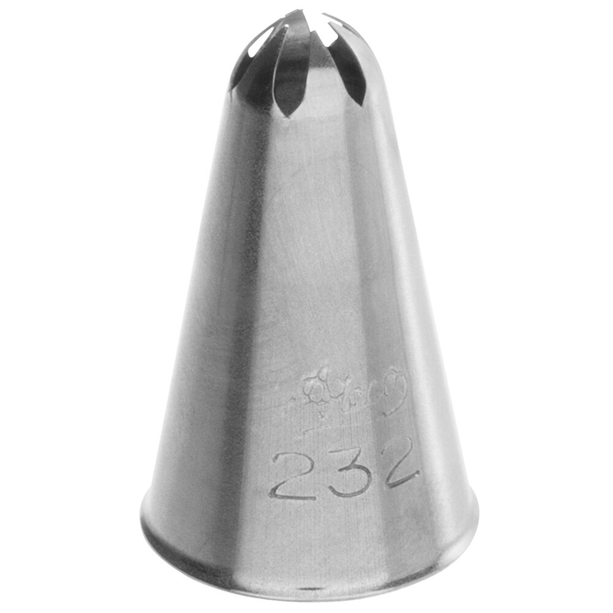 Ateco 232 closed star stainless steel piping tip showing engraved number and star-cut opening