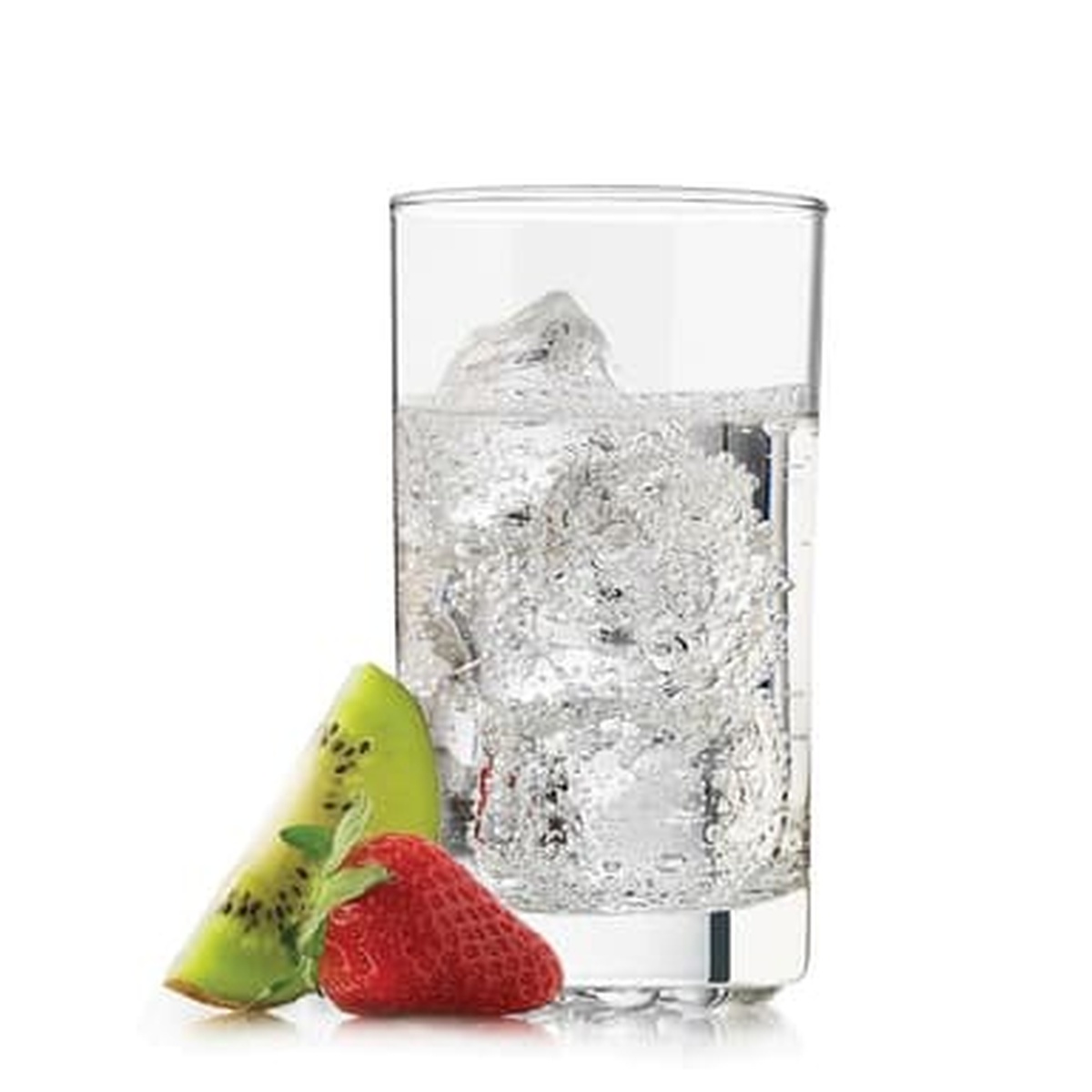 Libbey Nob Hill highball glass filled with iced water, styled with fresh fruit on white background