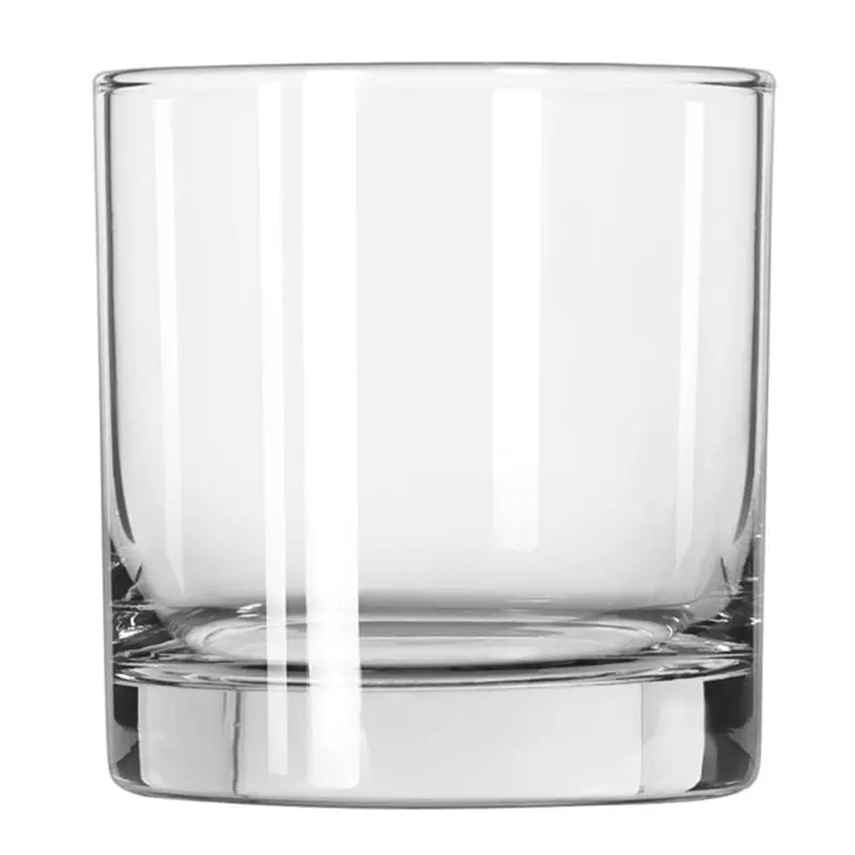 Libbey 2338 Lexington 10.25 oz. clear old fashioned rocks glass, plain view showing thick sham base and straight sides