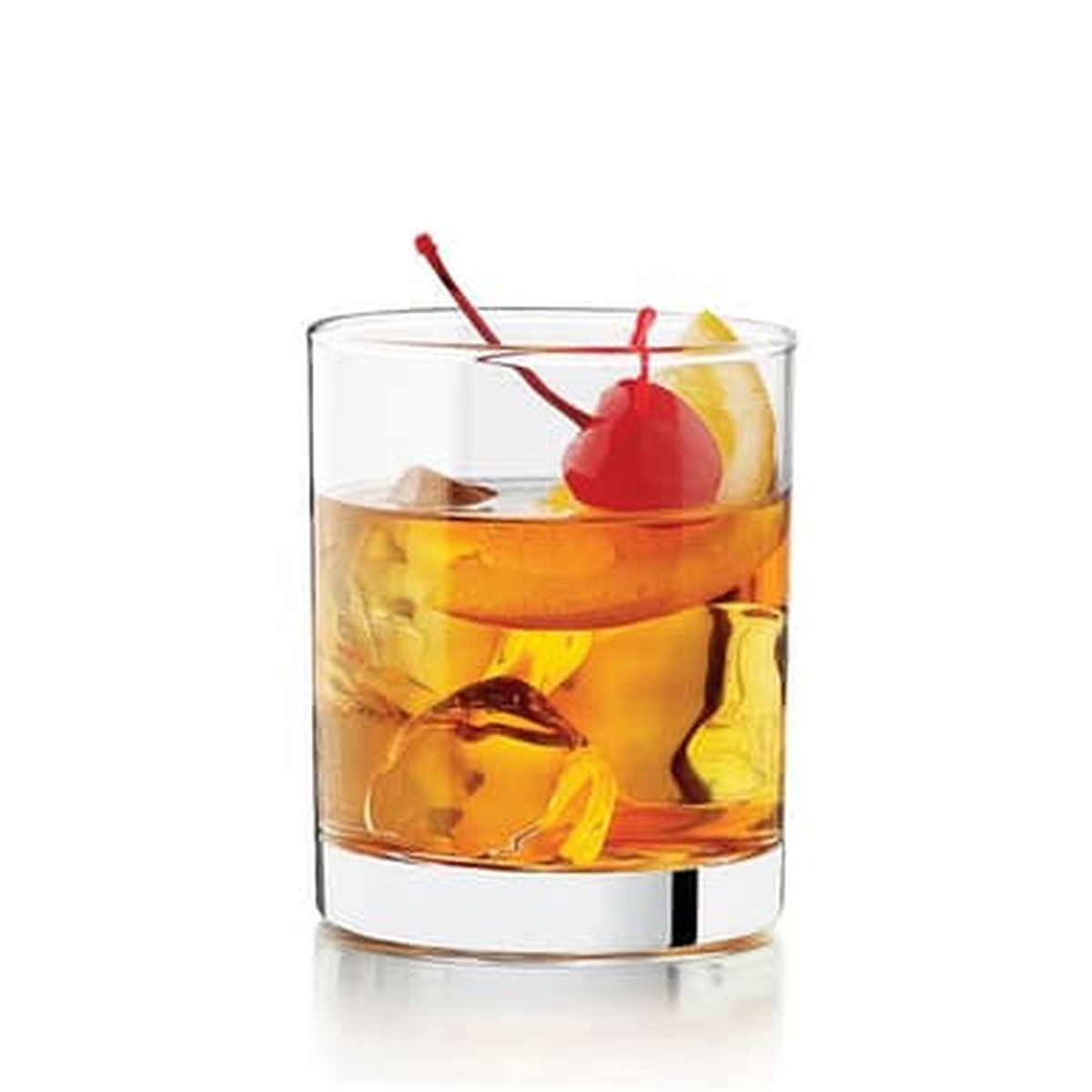 Libbey 2338 Lexington old fashioned glass filled with an amber cocktail on the rocks, garnished with cherries and orange peel