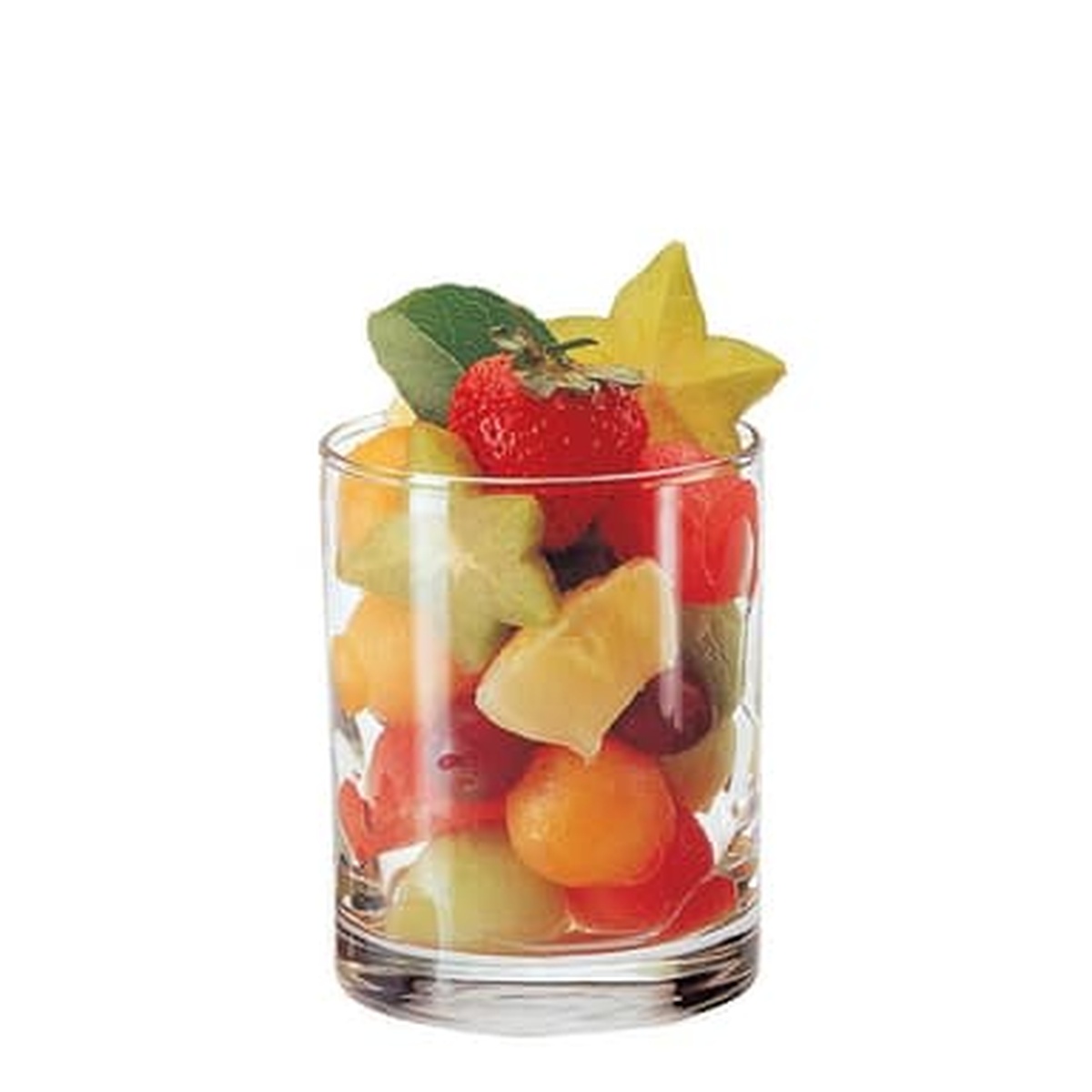 Libbey Lexington Double Old Fashioned glass filled with a colorful fresh fruit salad on a white background