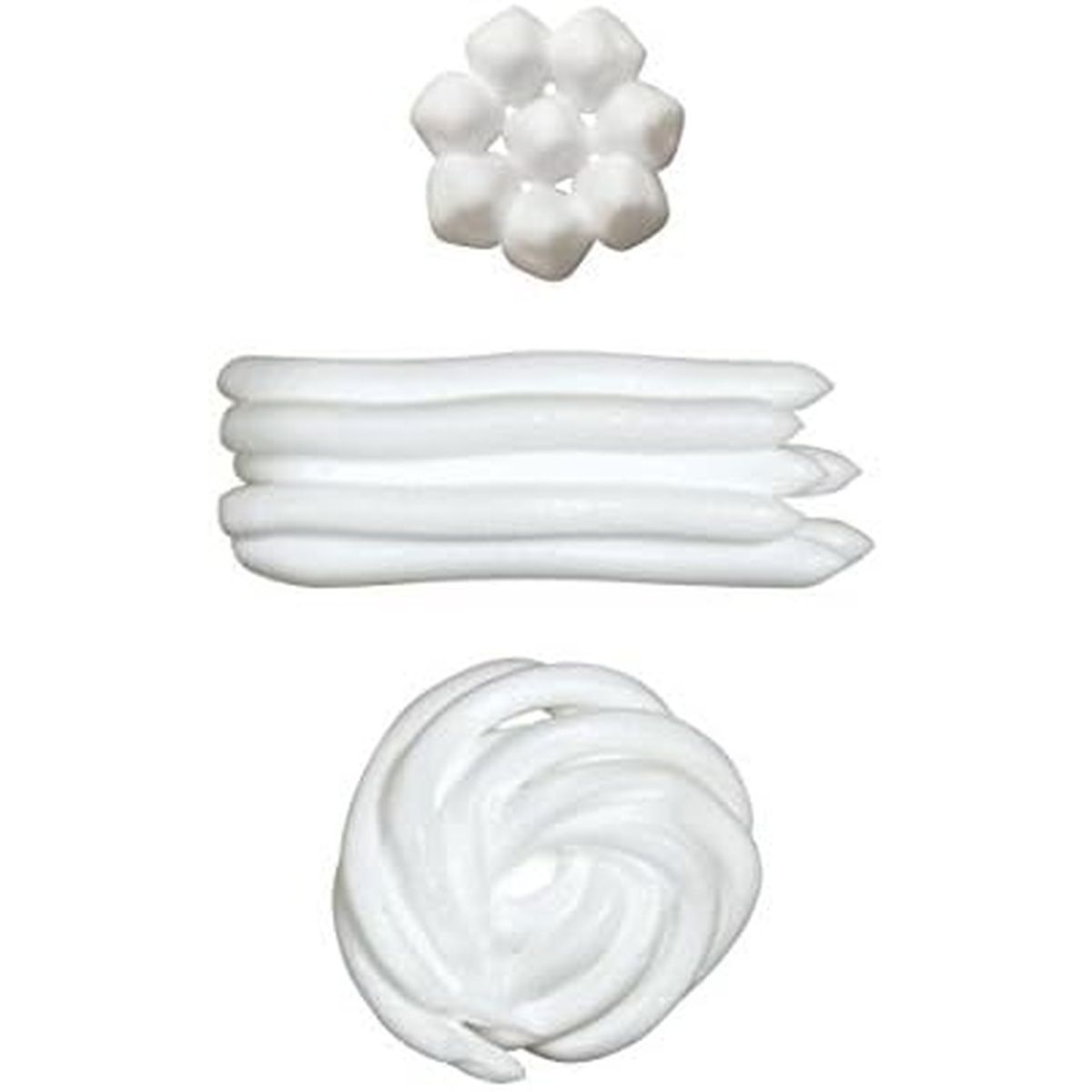 White frosting piped in cluster, straight strand, and swirl patterns demonstrating tip output styles