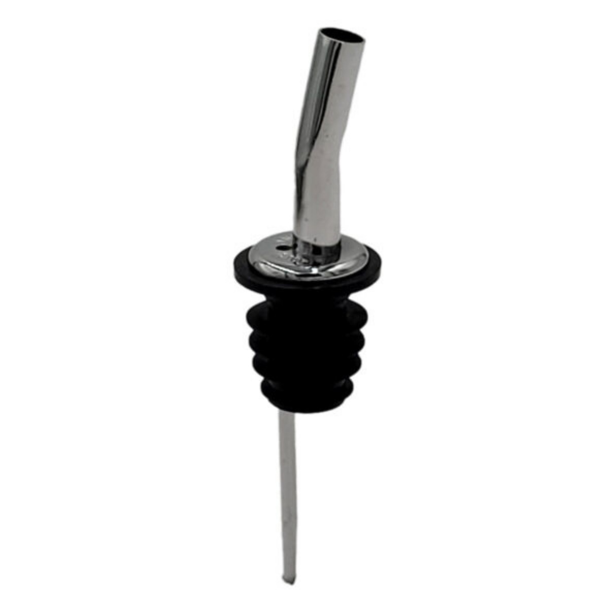 Spill-Stop 235-50 chrome gooseneck liquor pourer with black Poly-Kork stopper, product on white background