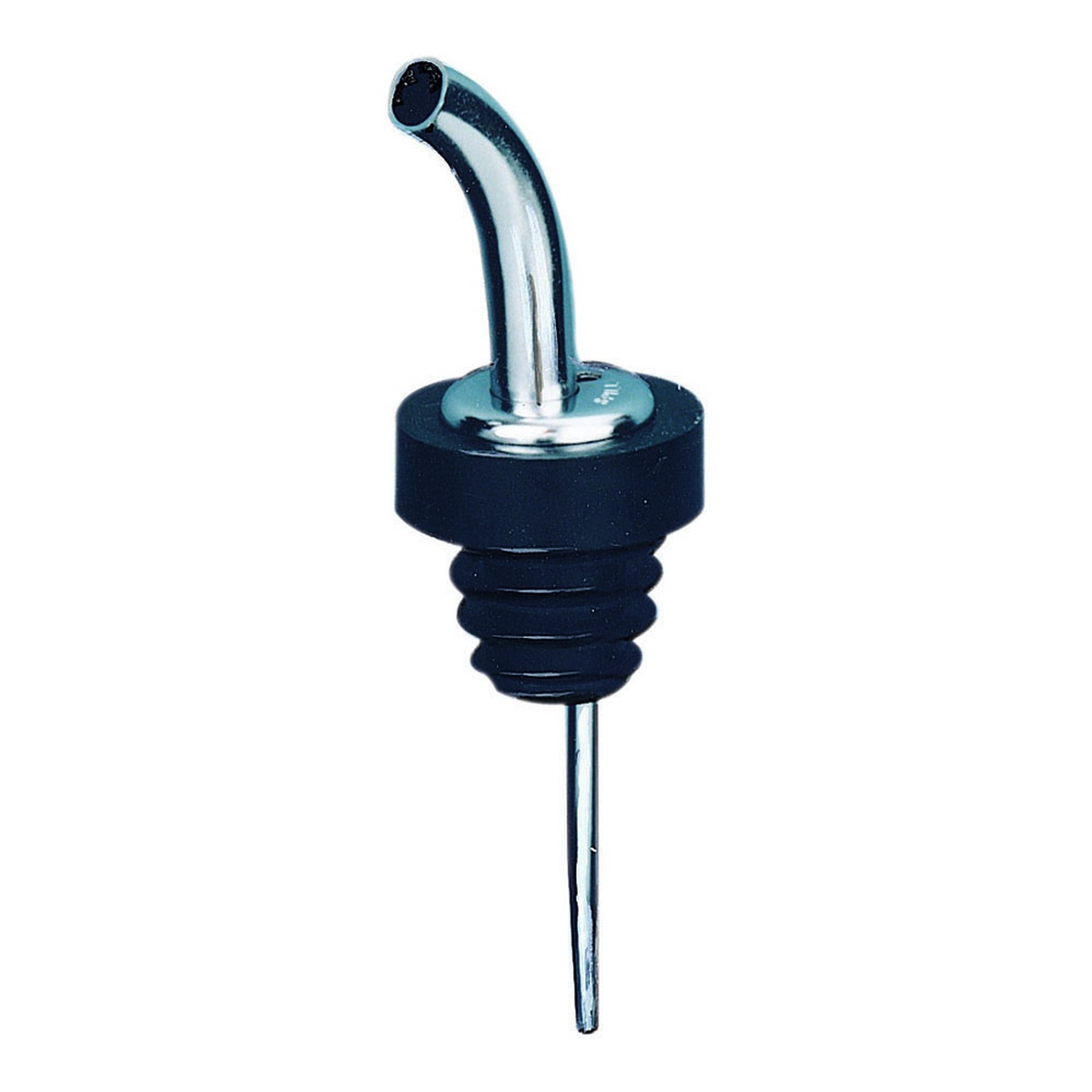Spill-Stop 235-51 Super Por chrome liquor pourer with black Poly-Kork collar and gooseneck spout