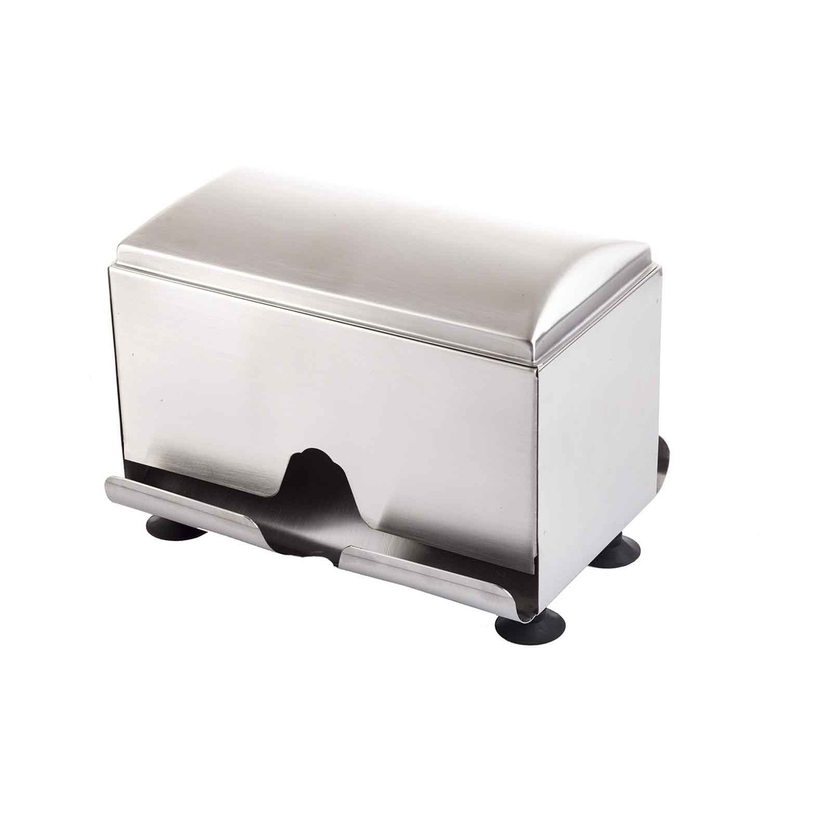 TableCraft 237 stainless steel straw dispenser angled three-quarter view showing top loading lid and dispensing base