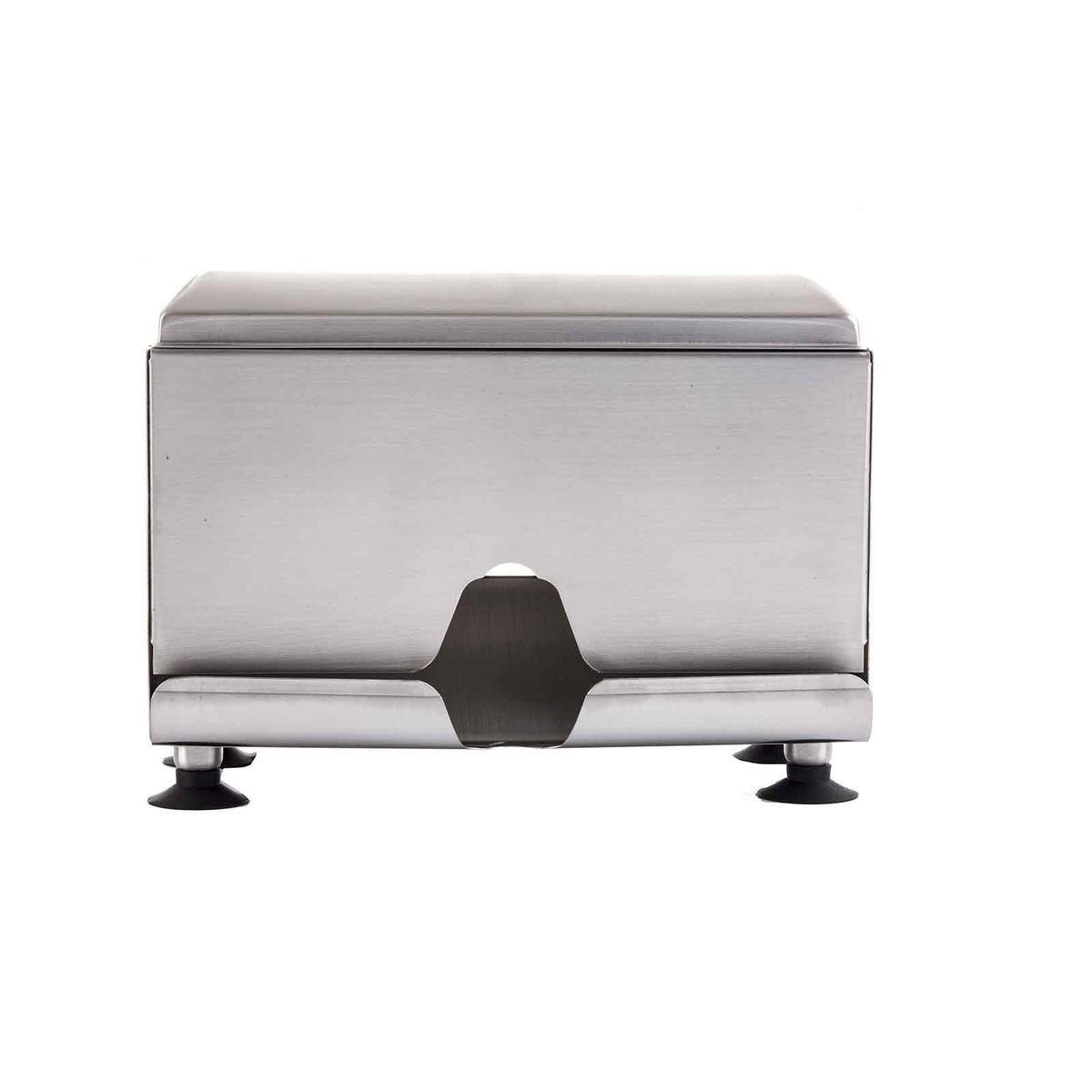 TableCraft 237 stainless steel double-sided straw dispenser front view showing dispensing slot and suction cup feet