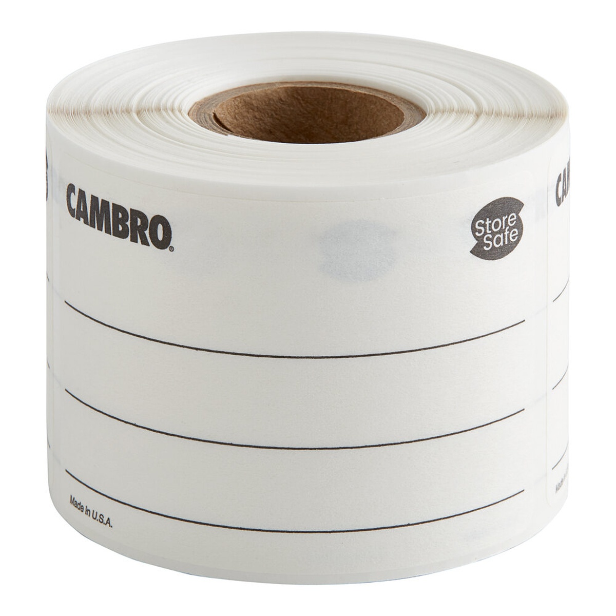 Cambro StoreSafe blank dissolvable food rotation label roll showing lined writing area and Made in USA notation