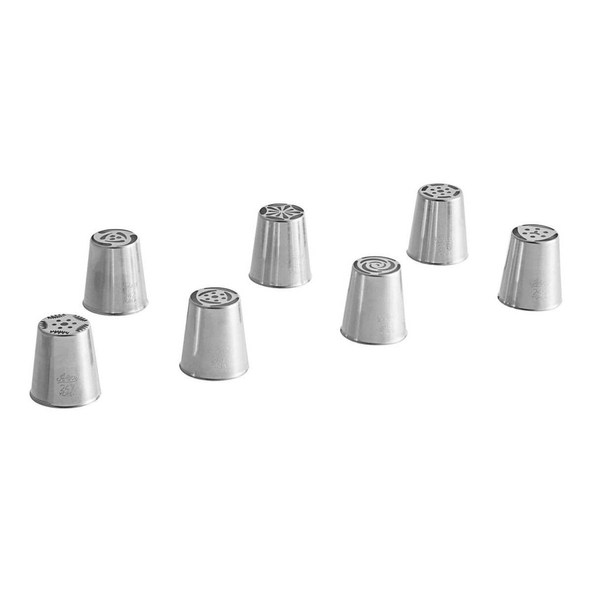 Ateco 7-piece stainless steel tulip and rose piping tip set, tips 241 through 247 arranged on white background showing varied tip opening designs