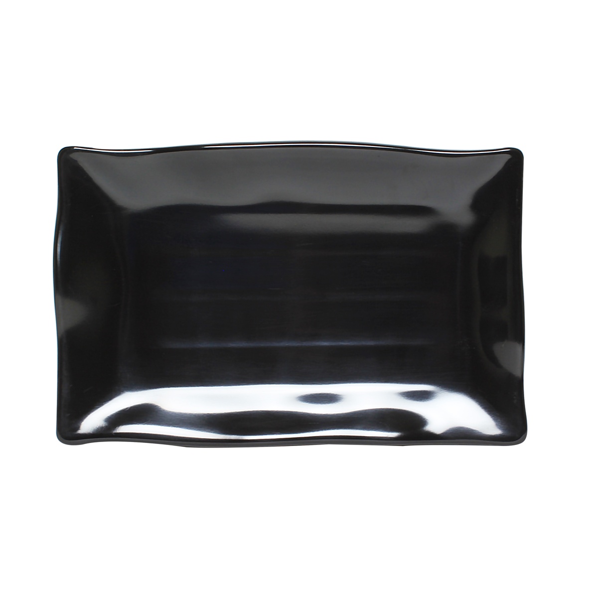 Thunder Group 24140BK black rectangular melamine plate with wavy edge, top-down glossy view