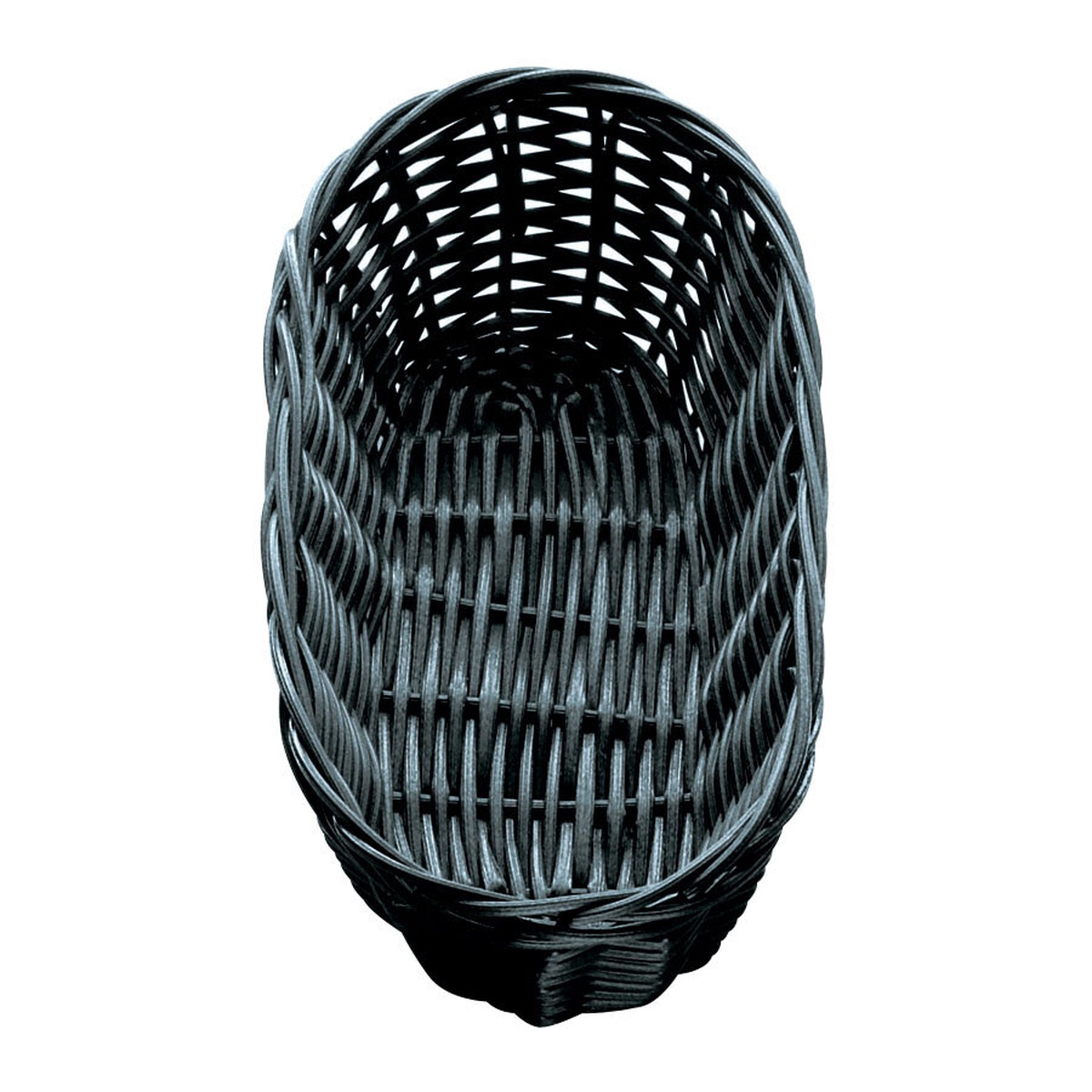 TableCraft 2417 oblong black woven polypropylene basket, top-down view showing rattan-style weave pattern