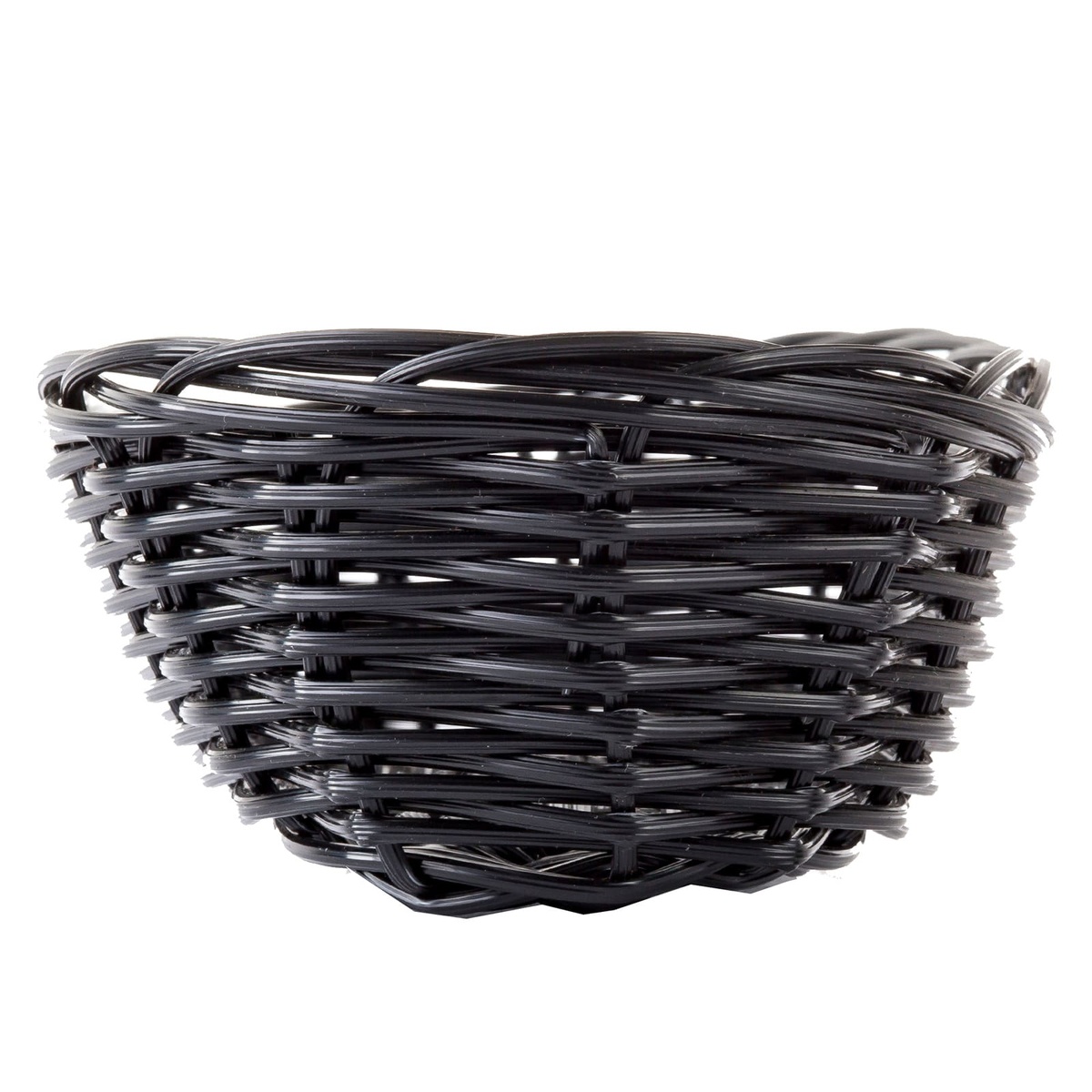 TableCraft 2417 black woven basket, end-on close-up view highlighting weave construction and rim