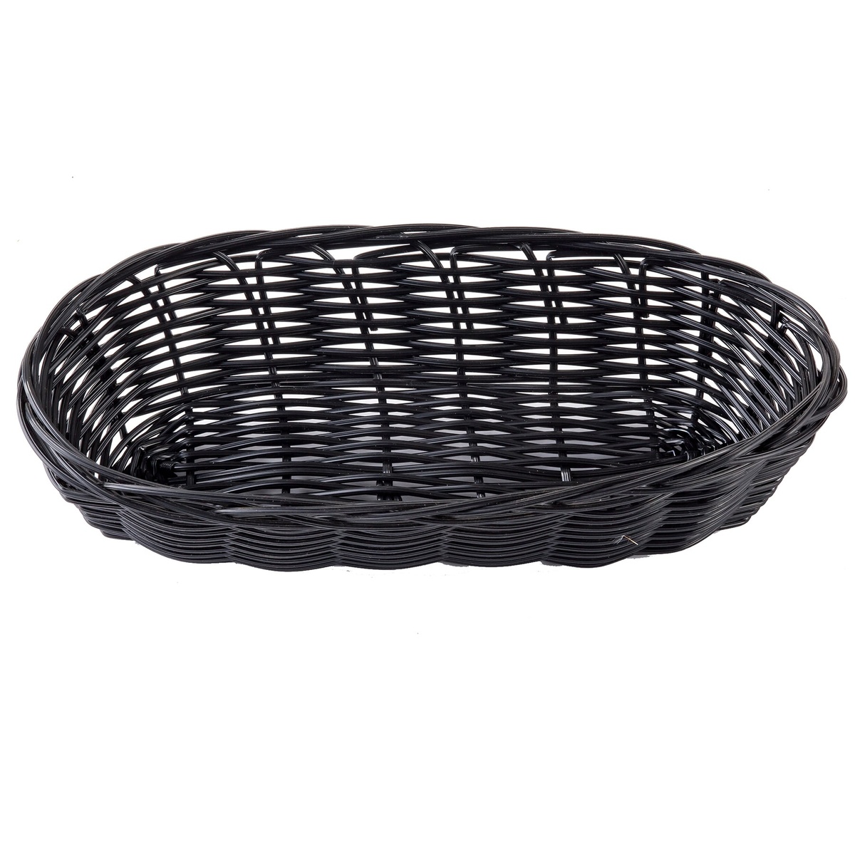 TableCraft 2417 black oblong woven polypropylene serving basket, overhead angled view