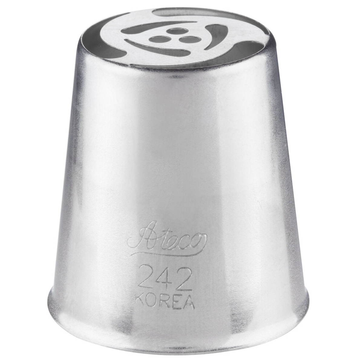 Ateco 242 stainless steel Russian piping tip, close-up showing tulip pattern opening