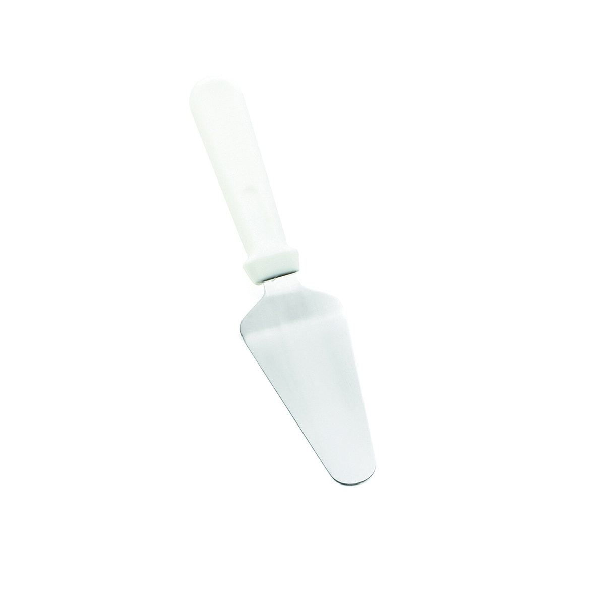 TableCraft 242W 11-inch pie server with white handle and stainless steel angled blade on white background
