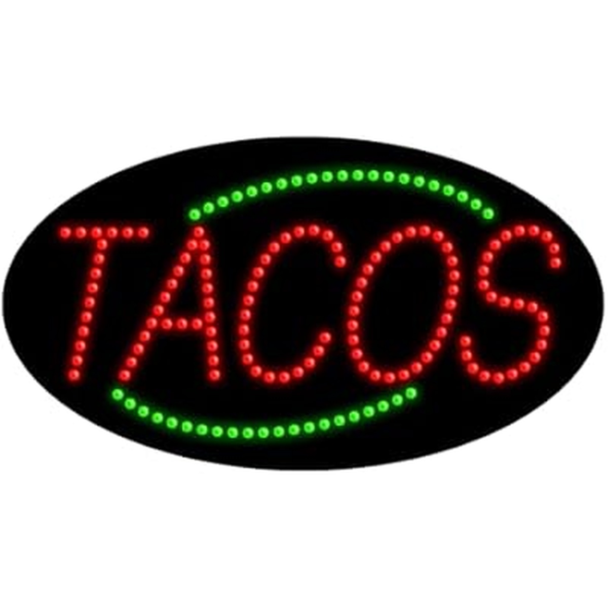 TACOS LED dots sign with red letters and green dot border on black oval backing