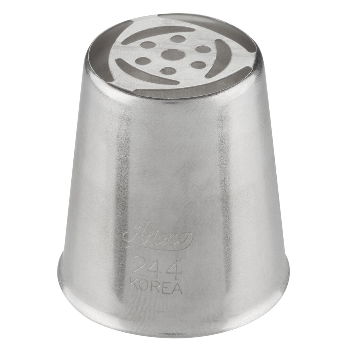 Ateco 244 stainless steel Russian piping tip showing the intricate floral opening pattern, engraved with Ateco 244 Korea