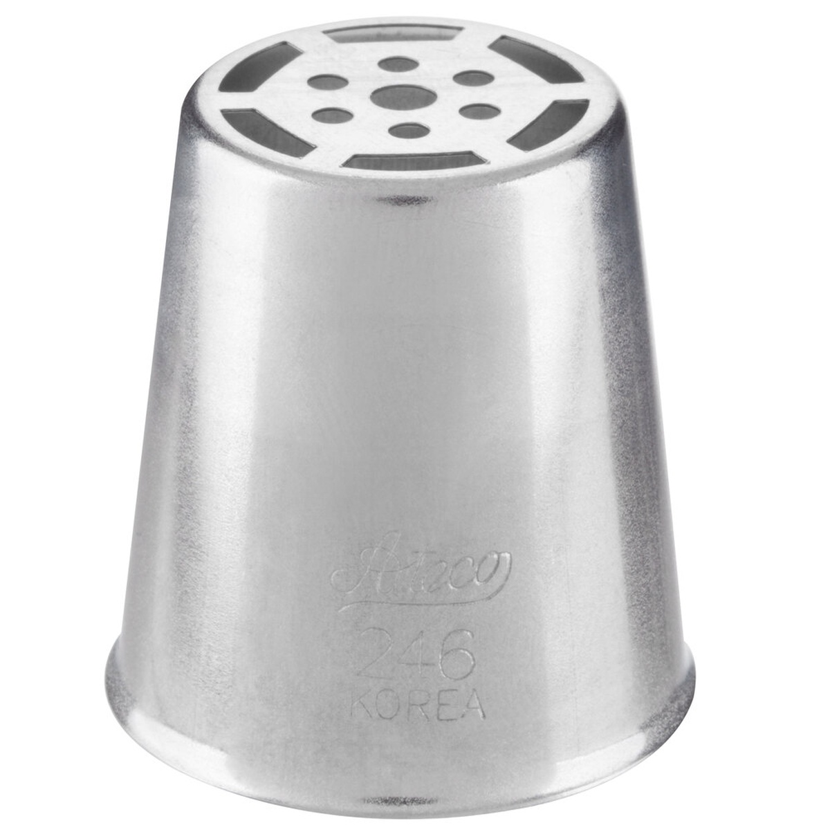 Ateco 246 stainless steel Russian piping tip viewed from above showing the tulip rose opening pattern