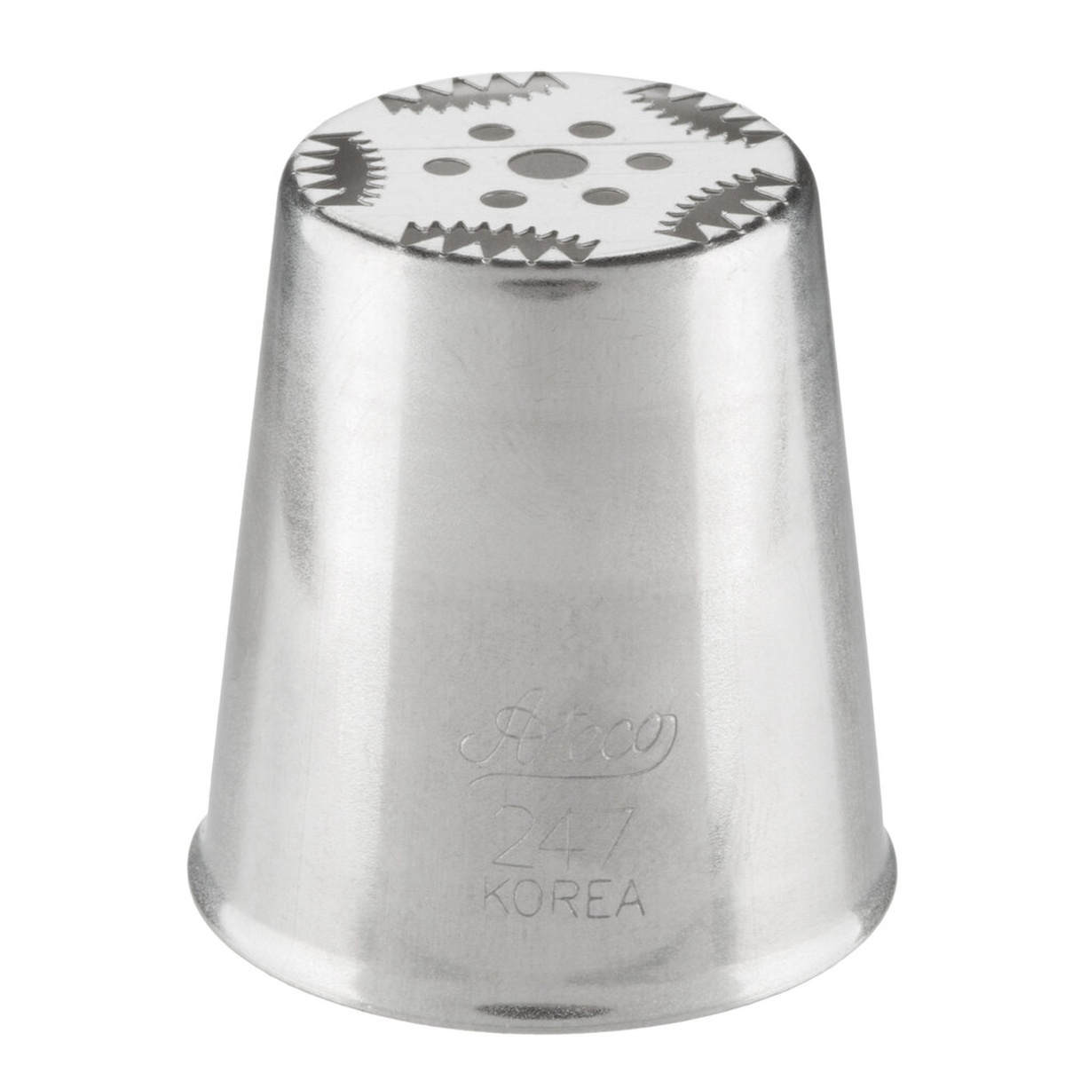 Ateco 247 stainless steel Russian piping tip showing the floral patterned opening and embossed brand markings