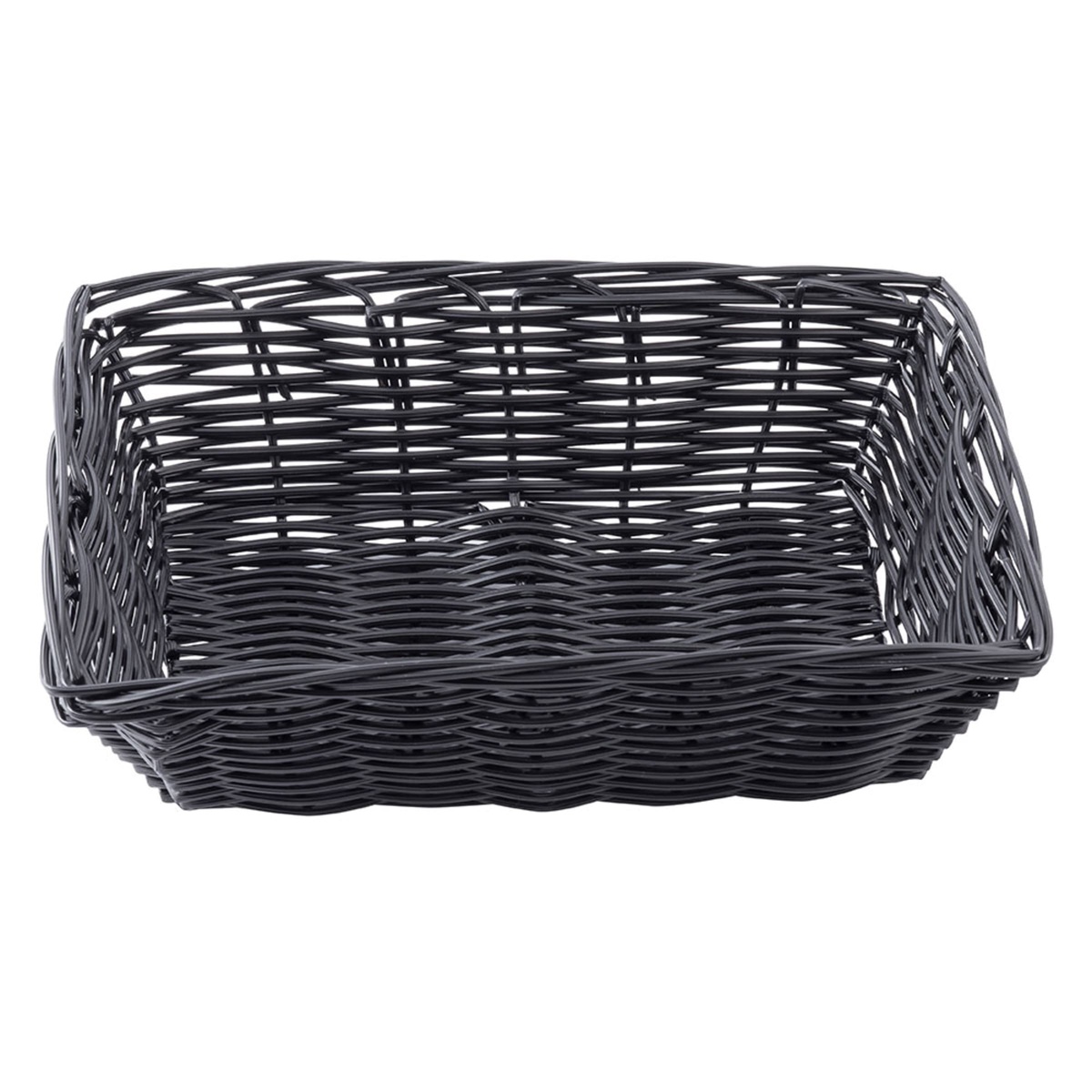 Tablecraft 2472 black woven basket viewed from above at an angle, showing interior depth