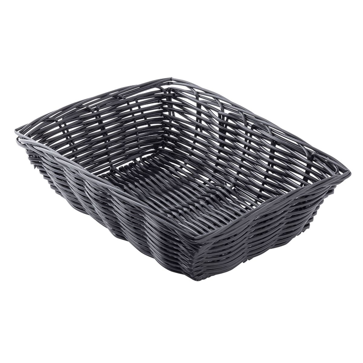 Tablecraft 2472 black rectangular woven polypropylene bread basket, angled perspective view
