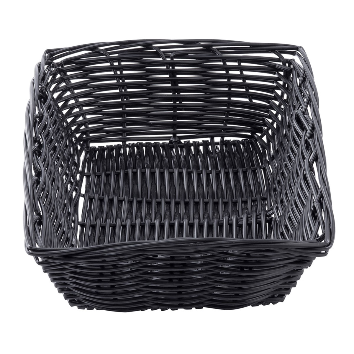 Tablecraft 2472 black woven basket viewed directly from above, showing full interior and weave pattern