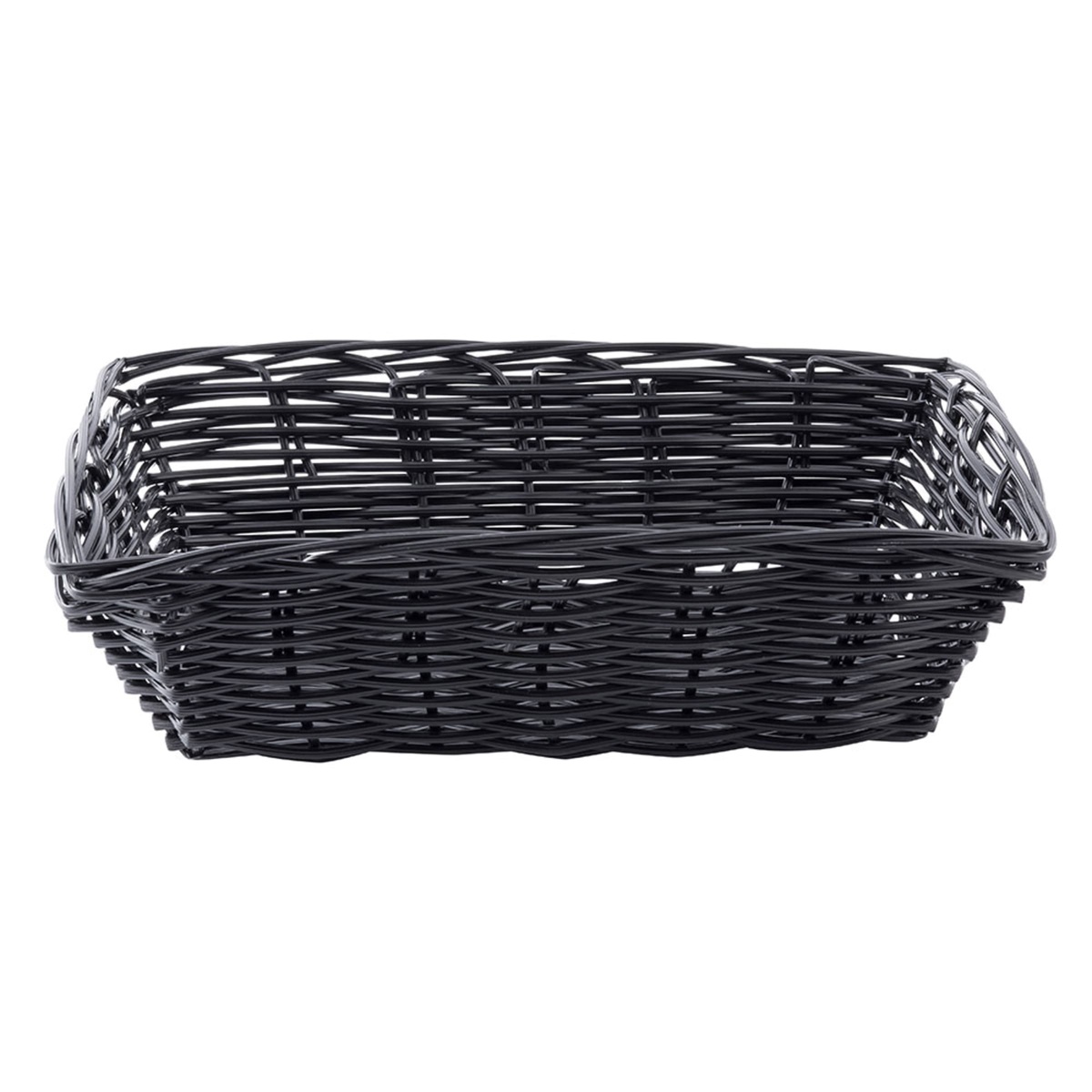 Tablecraft 2472 black rectangular polypropylene basket shown from the side, highlighting woven sidewall texture