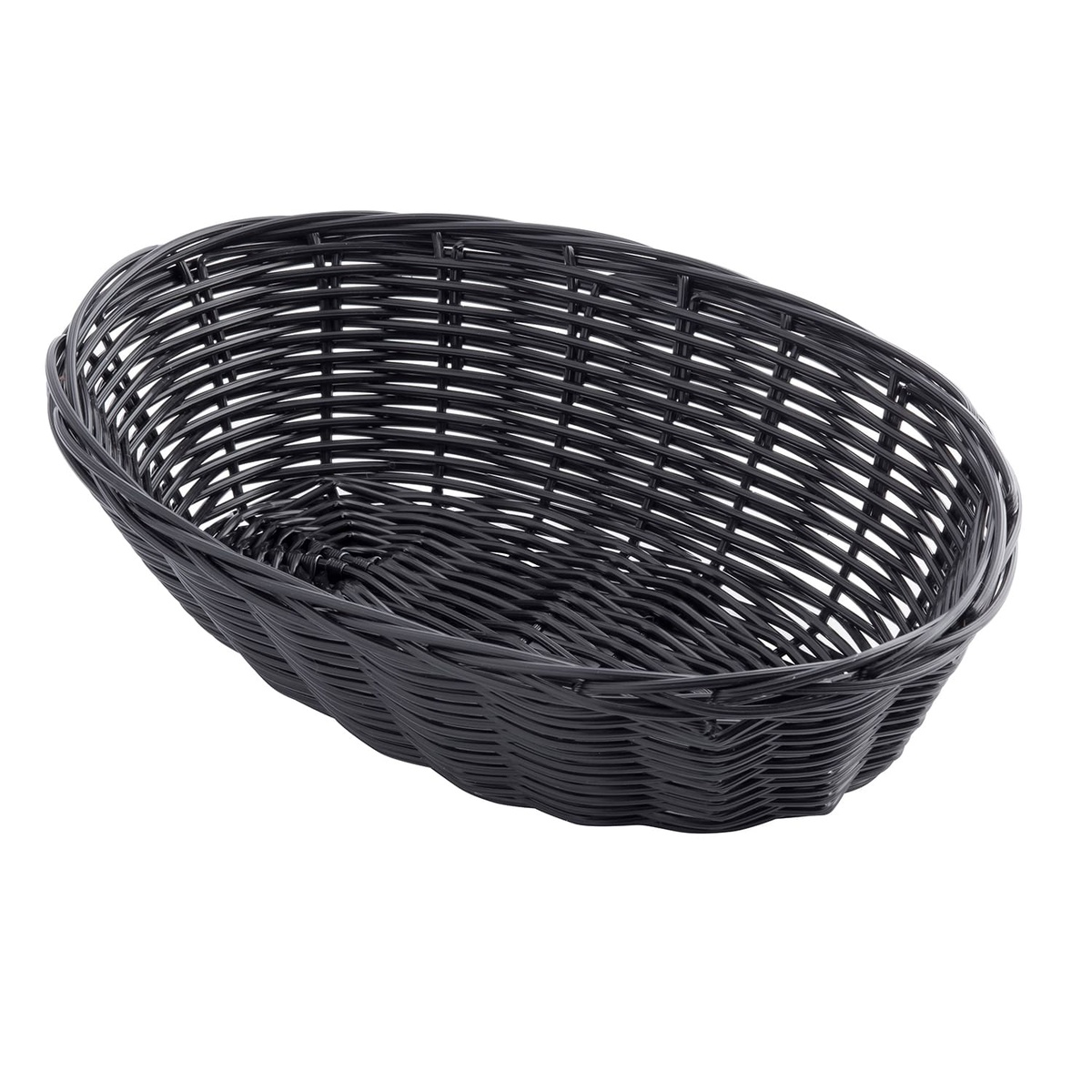 TableCraft 2474 black oval woven polypropylene basket, angled side view
