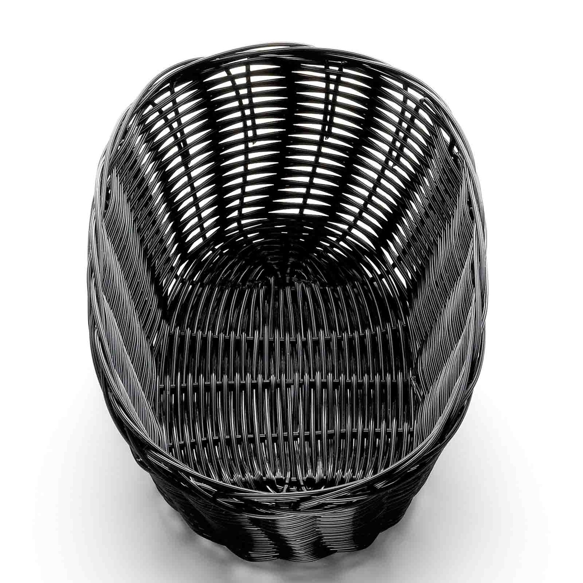 Top-down view of TableCraft 2476 black oval woven basket showing interior weave pattern