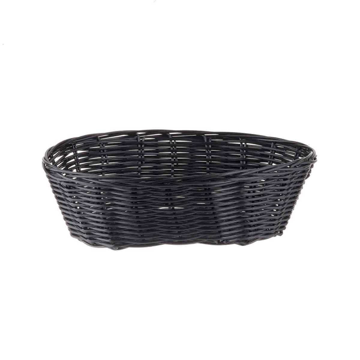 TableCraft 2476 10-inch black oval handwoven polypropylene basket, side view on white background