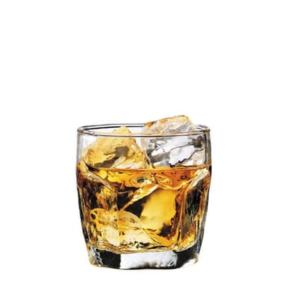 Libbey Chivalry rocks glass filled with whiskey and ice cubes