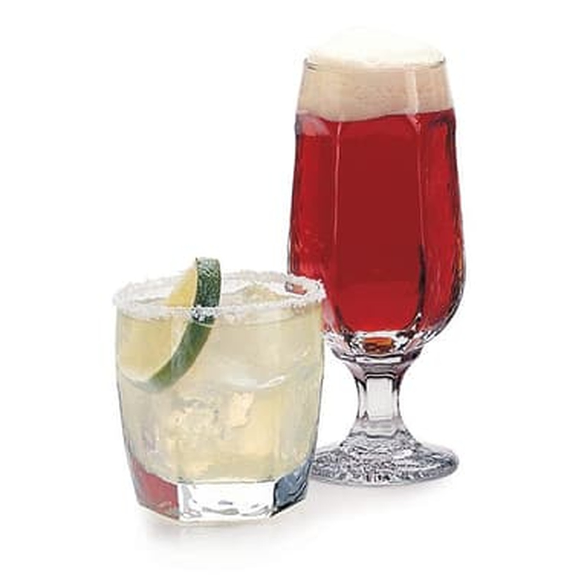 Libbey Chivalry rocks glass and beer goblet shown together with garnished cocktails, displaying the full Chivalry collection line