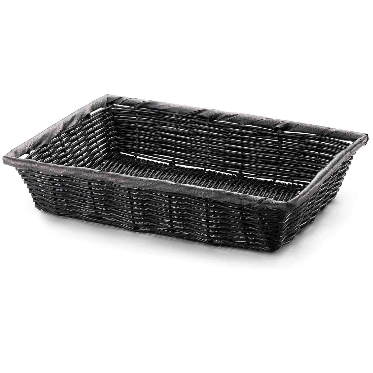 TableCraft 2489 black rectangular handwoven polypropylene basket, single unit, 3/4 angle view