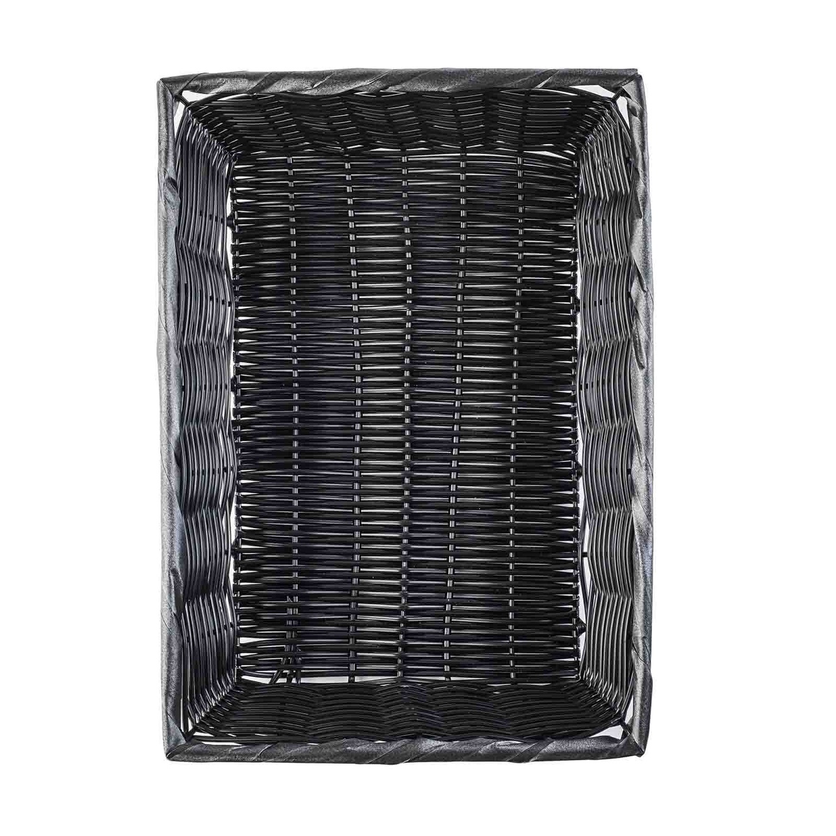 Top-down interior view of a single TableCraft 2489 black handwoven basket showing the woven base pattern