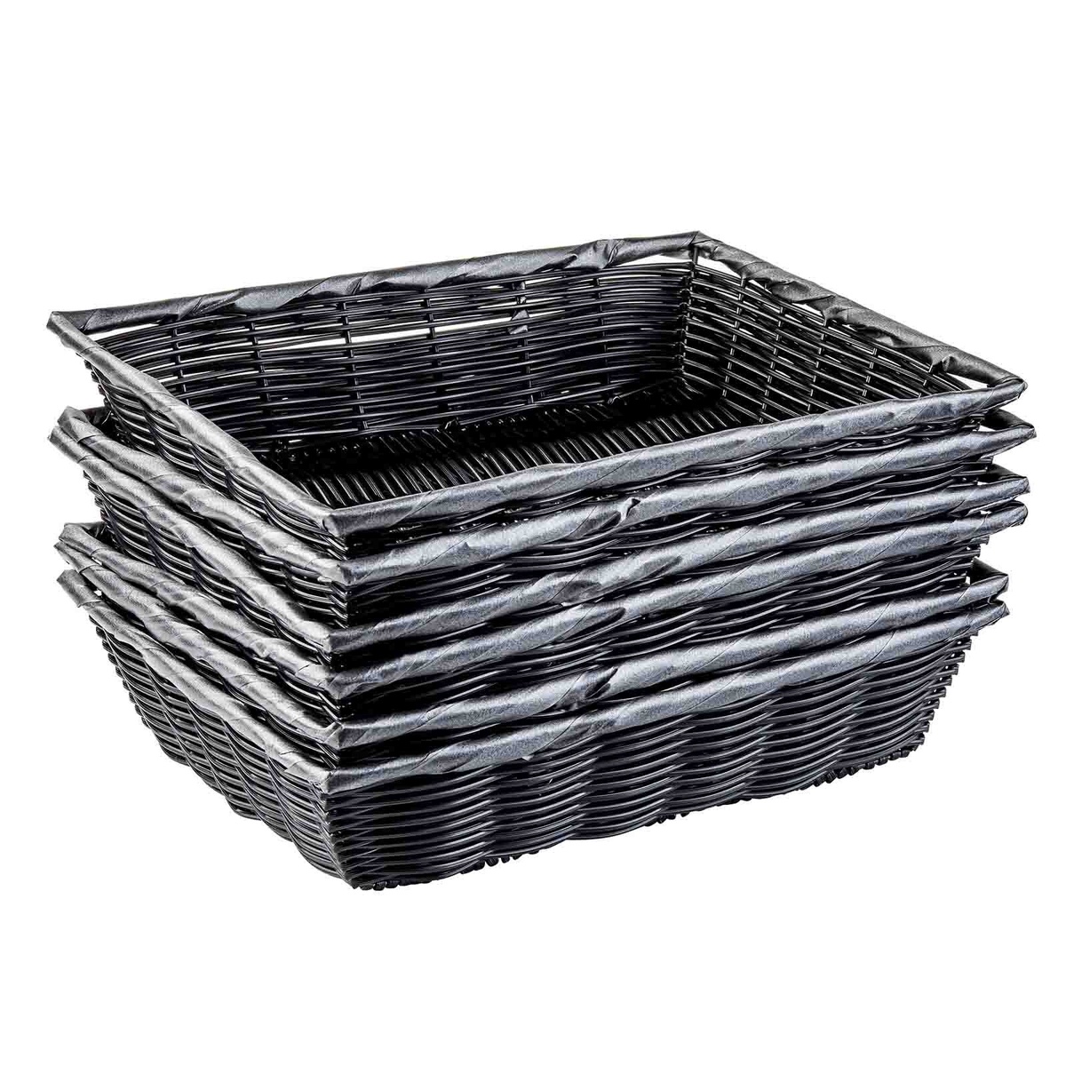 Two TableCraft 2489 black rectangular handwoven baskets stacked at an angle, highlighting depth and rim detail